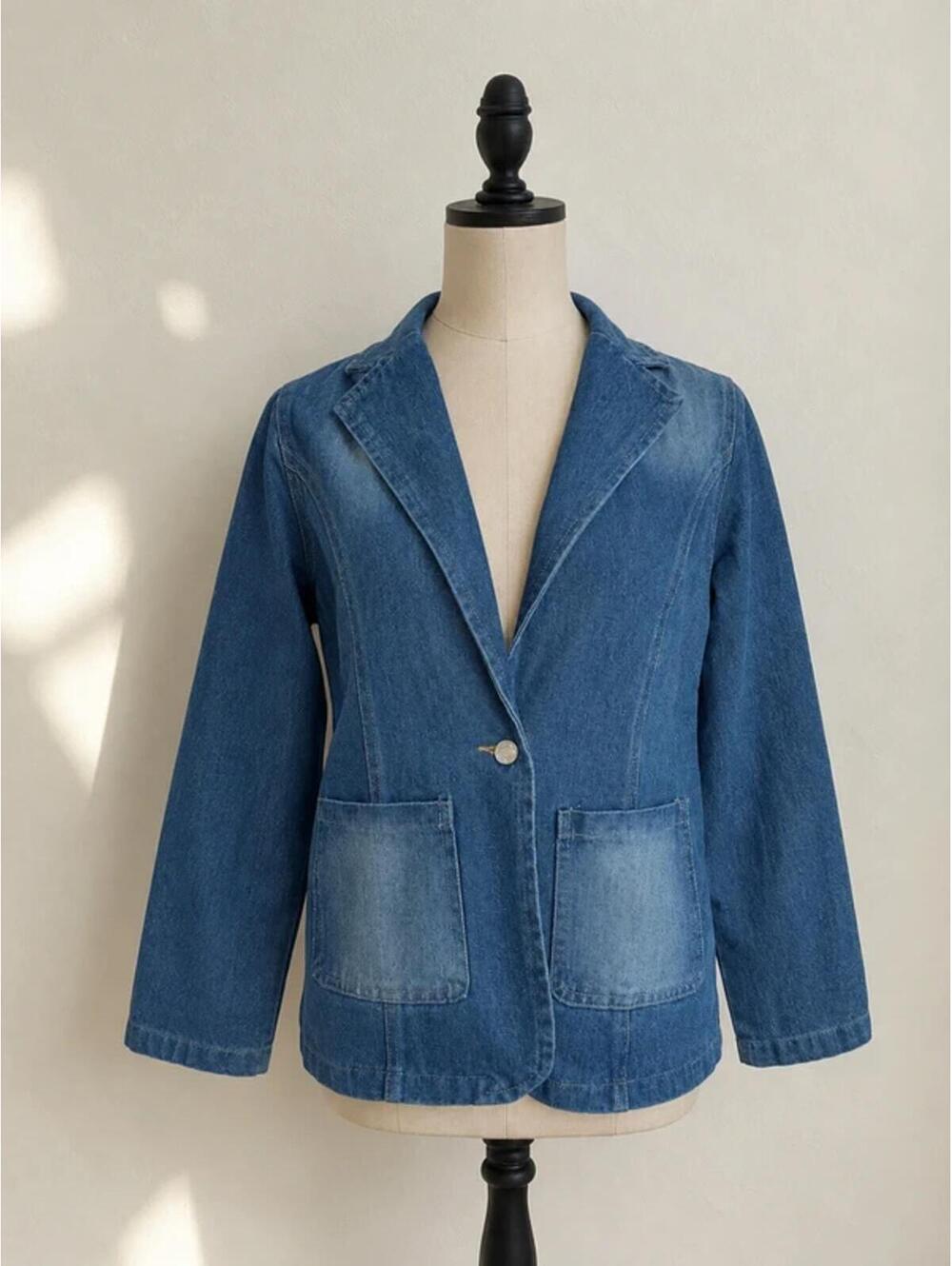 Denim Blazer Jacket Medium Blue Wash Single Button Casual Jacket M